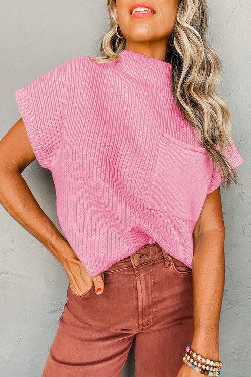 Ribbed Mock Neck Patch Pocket Drop Shoulder Short Sleeve Sweater
